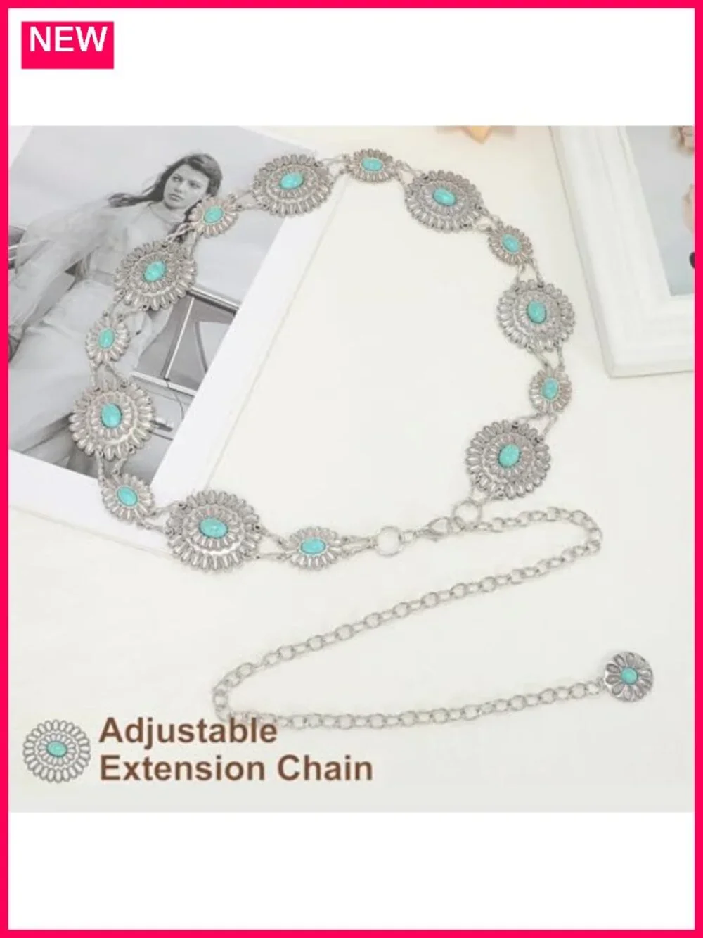 Women's Concho Chain Belt Metal Link Western Turquoise Belt for Dress